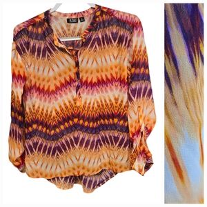 a.n.a Orange Purple Tribal Chevron Chiffon Blouse | Semi-Sheer Henley Top | PL